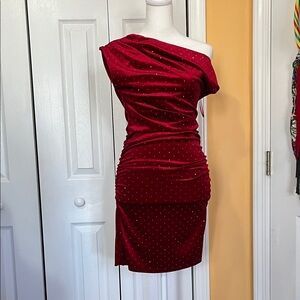 Iris Wine One-Shoulder Dress with Metallic Dots